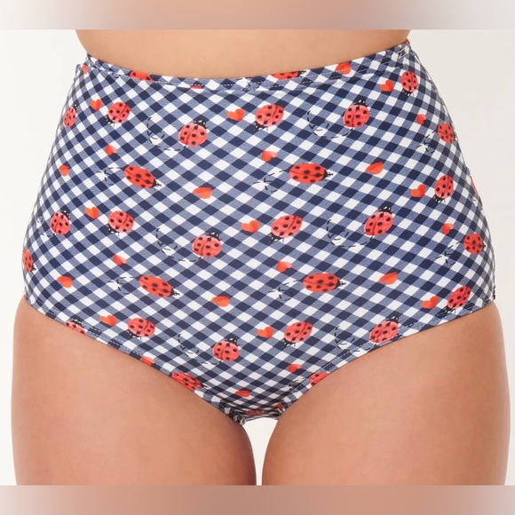 Unique Vintage Ladybug Swim Bottom Women’s Gingham Navy New - Picture 1 of 4